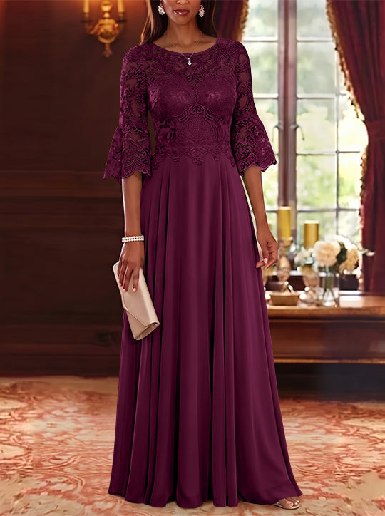 A-Line/Princess Scoop Chiffon Mother of the Bride Dresses Lace Floral Floor-Length 3/4 Sleeves