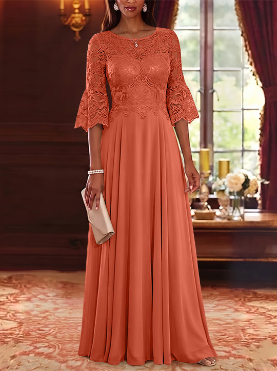 A-Line/Princess Scoop Chiffon Mother of the Bride Dresses Lace Floral Floor-Length 3/4 Sleeves