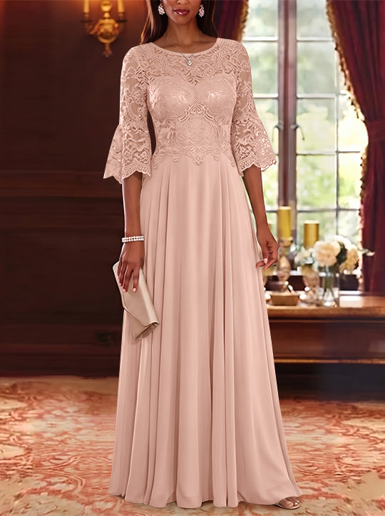 A-Line/Princess Scoop Chiffon Mother of the Bride Dresses Lace Floral Floor-Length 3/4 Sleeves