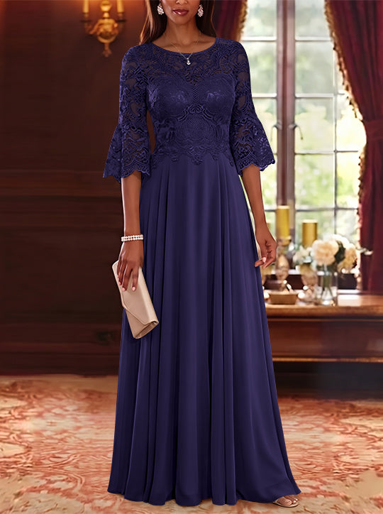 A-Line/Princess Scoop Chiffon Mother of the Bride Dresses Lace Floral Floor-Length 3/4 Sleeves