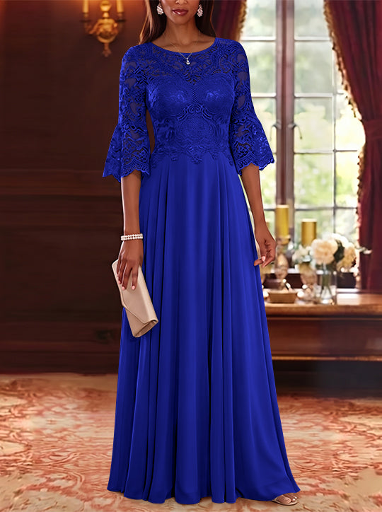 A-Line/Princess Scoop Chiffon Mother of the Bride Dresses Lace Floral Floor-Length 3/4 Sleeves