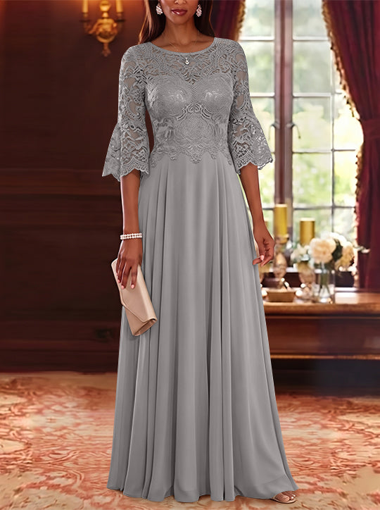 A-Line/Princess Scoop Chiffon Mother of the Bride Dresses Lace Floral Floor-Length 3/4 Sleeves