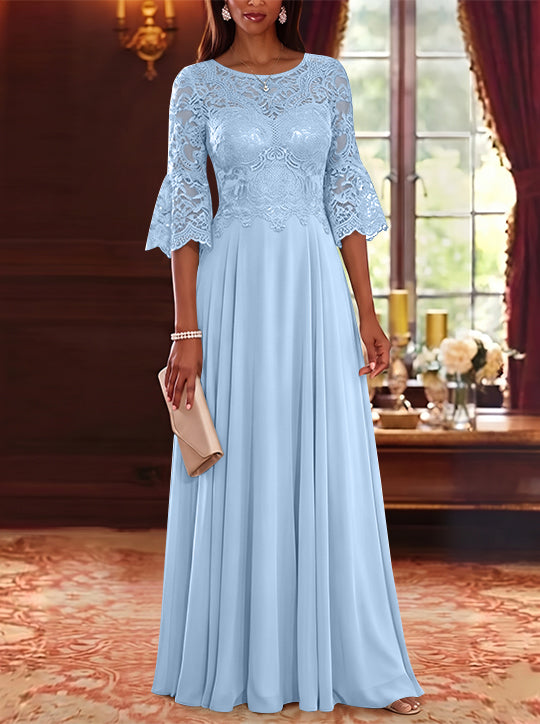 A-Line/Princess Scoop Chiffon Mother of the Bride Dresses Lace Floral Floor-Length 3/4 Sleeves