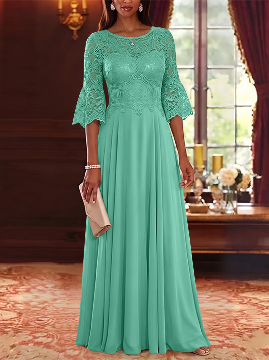 A-Line/Princess Scoop Chiffon Mother of the Bride Dresses Lace Floral Floor-Length 3/4 Sleeves