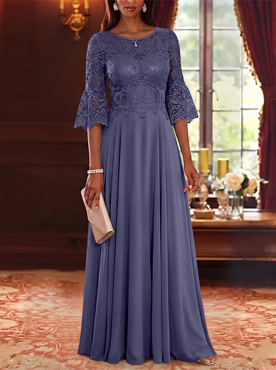 A-Line/Princess Scoop Chiffon Mother of the Bride Dresses Lace Floral Floor-Length 3/4 Sleeves