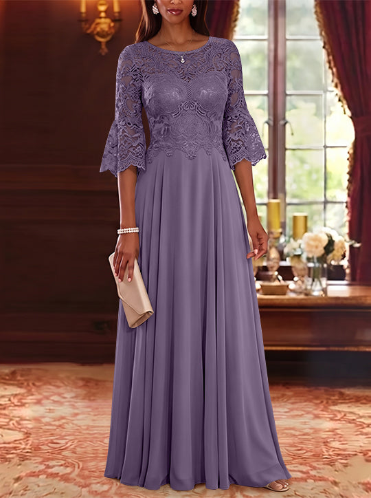 A-Line/Princess Scoop Chiffon Mother of the Bride Dresses Lace Floral Floor-Length 3/4 Sleeves