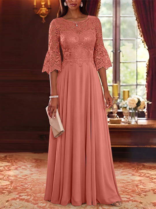 A-Line/Princess Scoop Chiffon Mother of the Bride Dresses Lace Floral Floor-Length 3/4 Sleeves