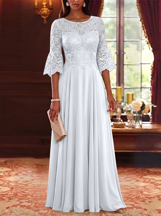 A-Line/Princess Scoop Chiffon Mother of the Bride Dresses Lace Floral Floor-Length 3/4 Sleeves