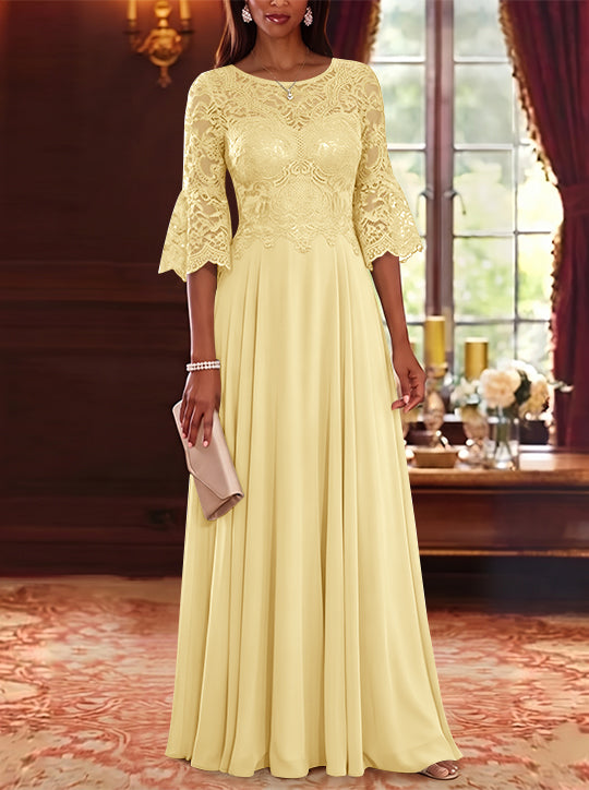 A-Line/Princess Scoop Chiffon Mother of the Bride Dresses Lace Floral Floor-Length 3/4 Sleeves