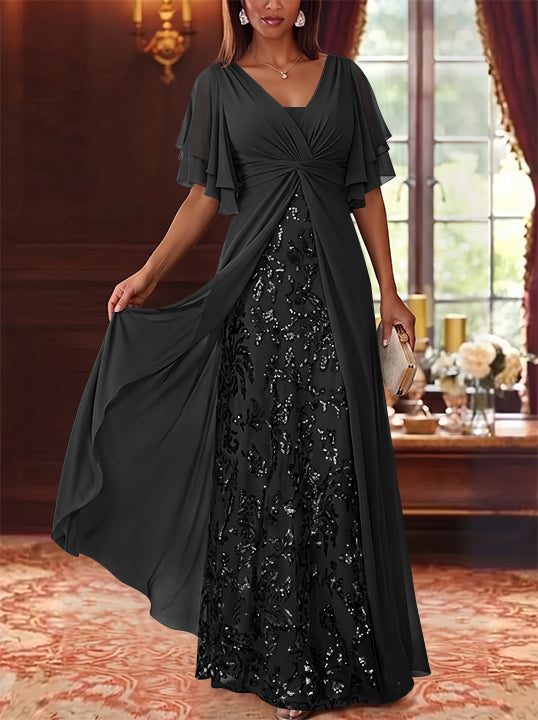 A-Line/Princess V-Neck Chiffon Mother of the Bride Dresses Sequins Floral Floor-Length Short Sleeves