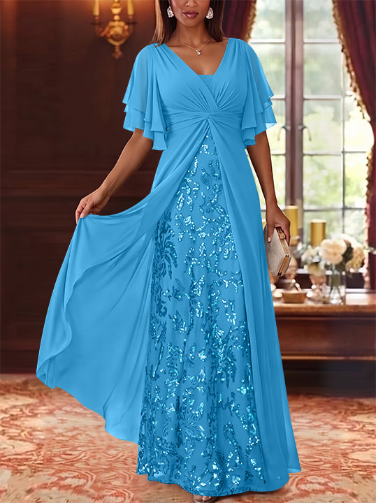 A-Line/Princess V-Neck Chiffon Mother of the Bride Dresses Sequins Floral Floor-Length Short Sleeves
