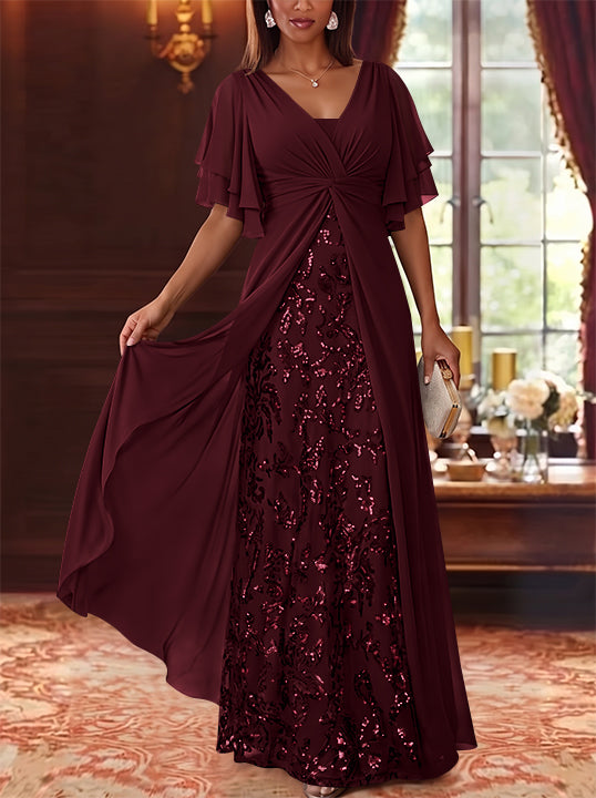 A-Line/Princess V-Neck Chiffon Mother of the Bride Dresses Sequins Floral Floor-Length Short Sleeves