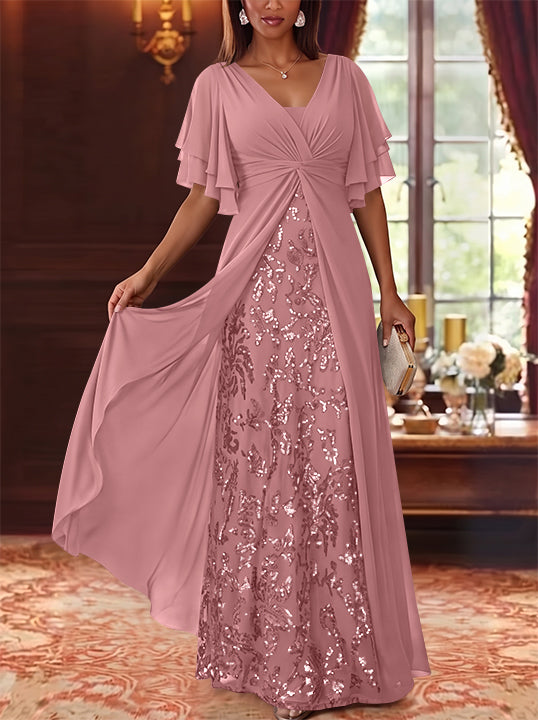 A-Line/Princess V-Neck Chiffon Mother of the Bride Dresses Sequins Floral Floor-Length Short Sleeves