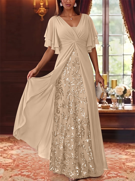 A-Line/Princess V-Neck Chiffon Mother of the Bride Dresses Sequins Floral Floor-Length Short Sleeves