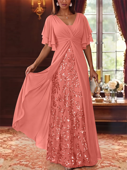 A-Line/Princess V-Neck Chiffon Mother of the Bride Dresses Sequins Floral Floor-Length Short Sleeves