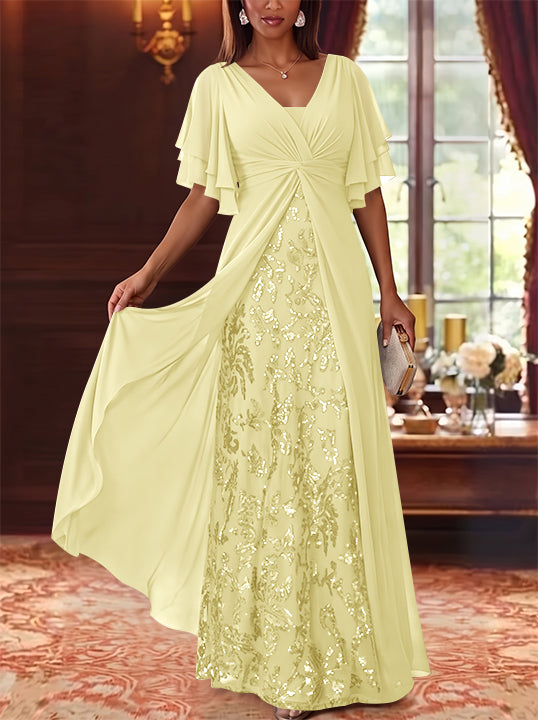 A-Line/Princess V-Neck Chiffon Mother of the Bride Dresses Sequins Floral Floor-Length Short Sleeves