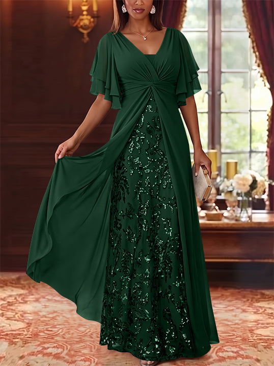 A-Line/Princess V-Neck Chiffon Mother of the Bride Dresses Sequins Floral Floor-Length Short Sleeves