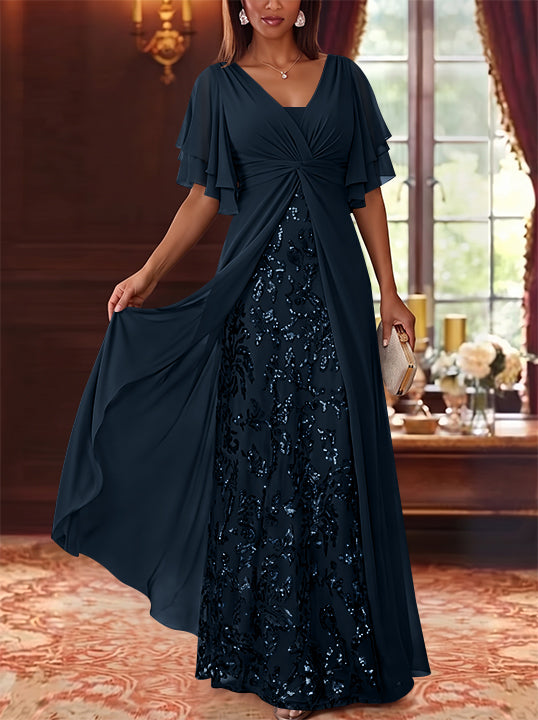 A-Line/Princess V-Neck Chiffon Mother of the Bride Dresses Sequins Floral Floor-Length Short Sleeves