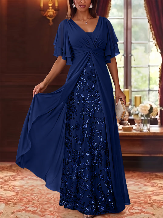 A-Line/Princess V-Neck Chiffon Mother of the Bride Dresses Sequins Floral Floor-Length Short Sleeves