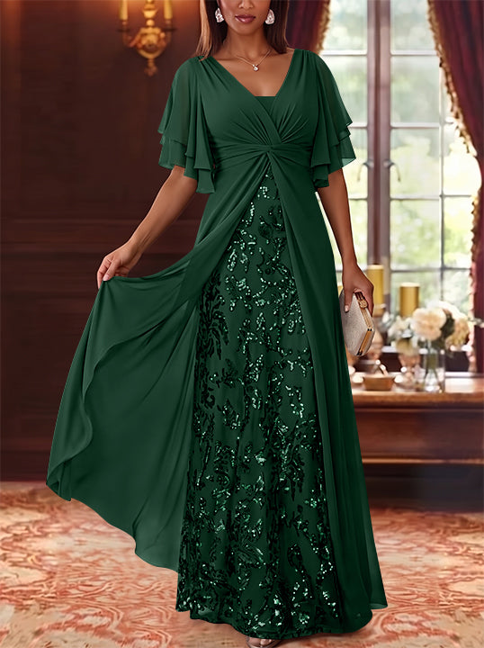 A-Line/Princess V-Neck Chiffon Mother of the Bride Dresses Sequins Floral Floor-Length Short Sleeves