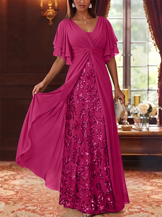 A-Line/Princess V-Neck Chiffon Mother of the Bride Dresses Sequins Floral Floor-Length Short Sleeves