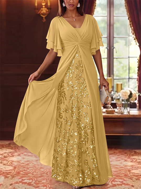 A-Line/Princess V-Neck Chiffon Mother of the Bride Dresses Sequins Floral Floor-Length Short Sleeves