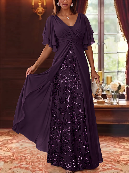 A-Line/Princess V-Neck Chiffon Mother of the Bride Dresses Sequins Floral Floor-Length Short Sleeves