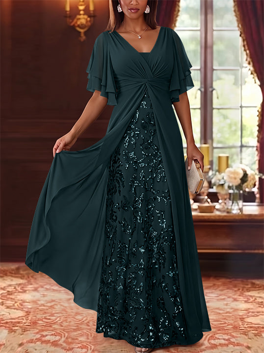 A-Line/Princess V-Neck Chiffon Mother of the Bride Dresses Sequins Floral Floor-Length Short Sleeves