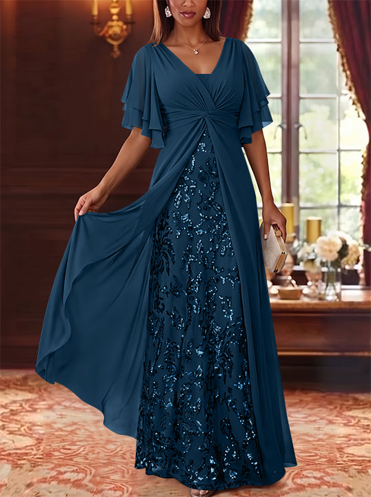 A-Line/Princess V-Neck Chiffon Mother of the Bride Dresses Sequins Floral Floor-Length Short Sleeves