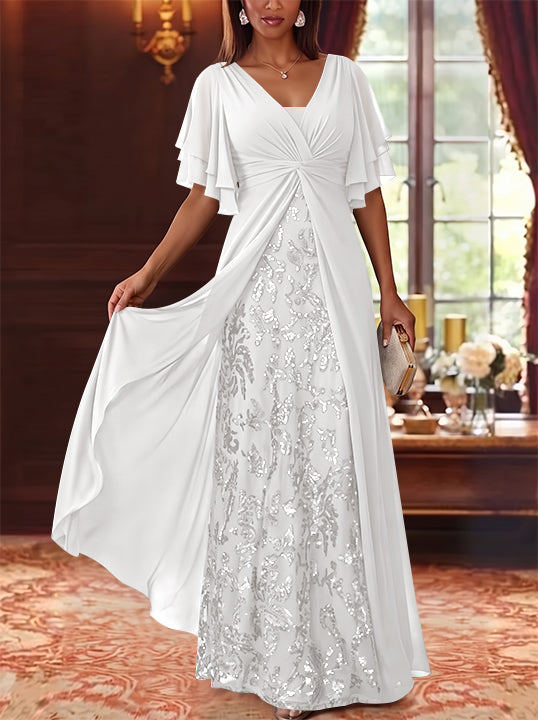 A-Line/Princess V-Neck Chiffon Mother of the Bride Dresses Sequins Floral Floor-Length Short Sleeves