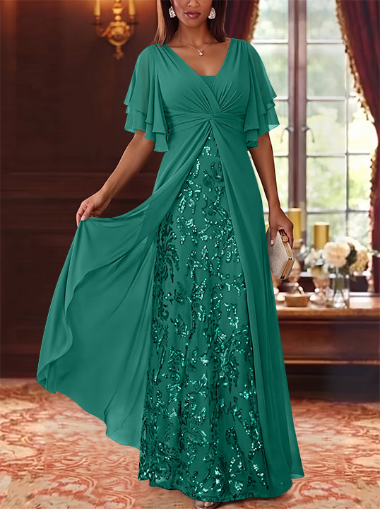 A-Line/Princess V-Neck Chiffon Mother of the Bride Dresses Sequins Floral Floor-Length Short Sleeves