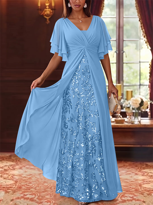 A-Line/Princess V-Neck Chiffon Mother of the Bride Dresses Sequins Floral Floor-Length Short Sleeves