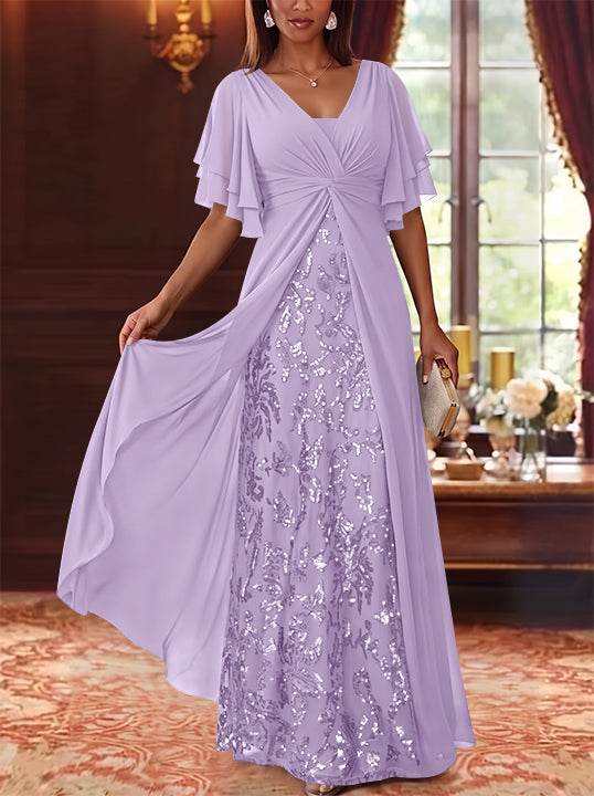 A-Line/Princess V-Neck Chiffon Mother of the Bride Dresses Sequins Floral Floor-Length Short Sleeves