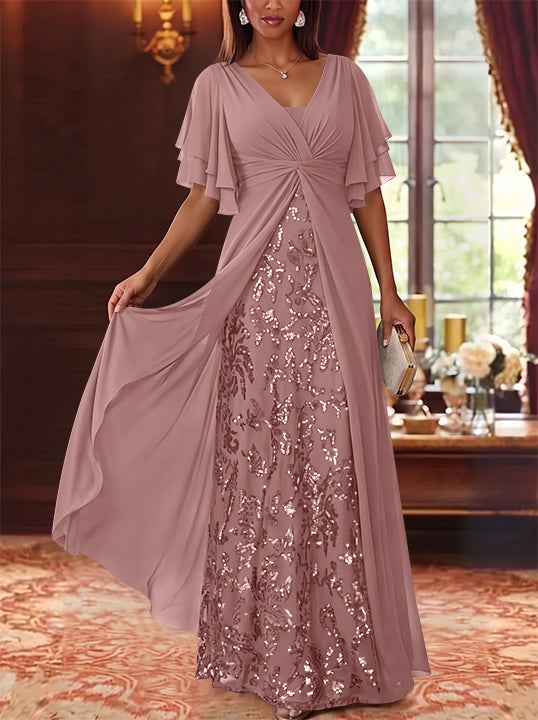 A-Line/Princess V-Neck Chiffon Mother of the Bride Dresses Sequins Floral Floor-Length Short Sleeves