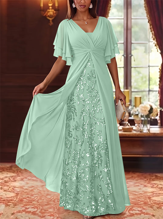 A-Line/Princess V-Neck Chiffon Mother of the Bride Dresses Sequins Floral Floor-Length Short Sleeves