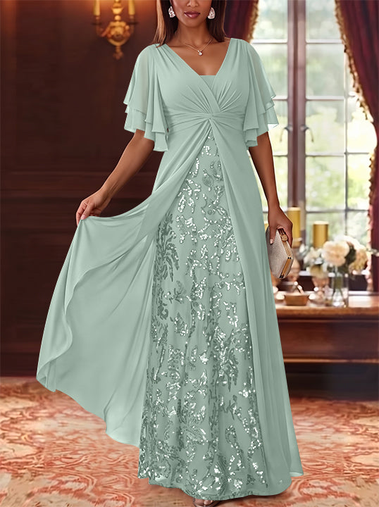 A-Line/Princess V-Neck Chiffon Mother of the Bride Dresses Sequins Floral Floor-Length Short Sleeves