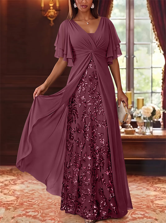 A-Line/Princess V-Neck Chiffon Mother of the Bride Dresses Sequins Floral Floor-Length Short Sleeves