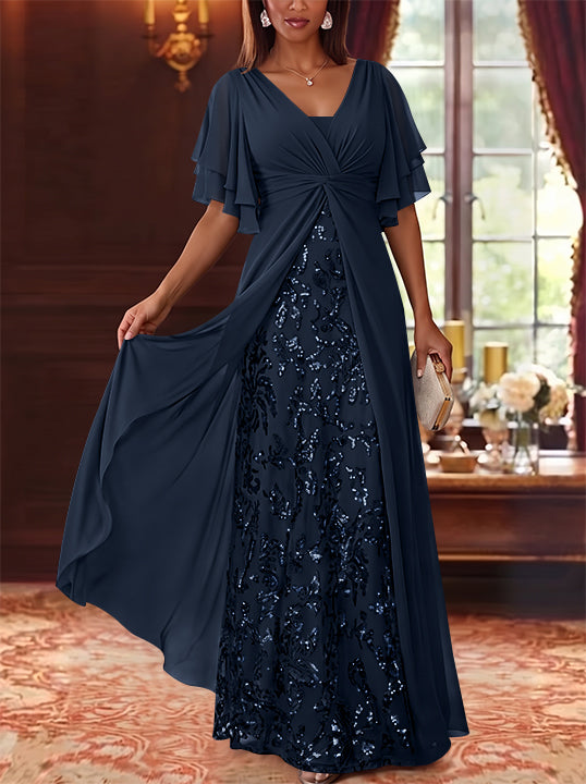 A-Line/Princess V-Neck Chiffon Mother of the Bride Dresses Sequins Floral Floor-Length Short Sleeves