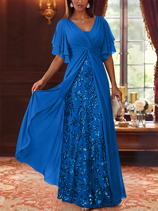 A-Line/Princess V-Neck Chiffon Mother of the Bride Dresses Sequins Floral Floor-Length Short Sleeves