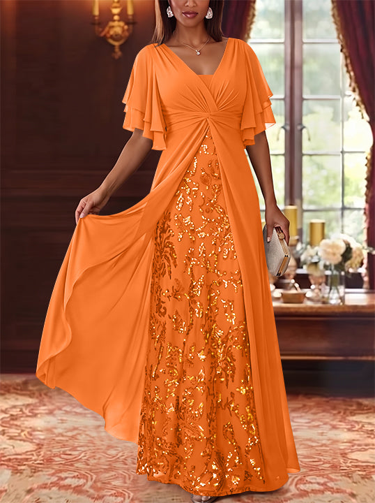 A-Line/Princess V-Neck Chiffon Mother of the Bride Dresses Sequins Floral Floor-Length Short Sleeves