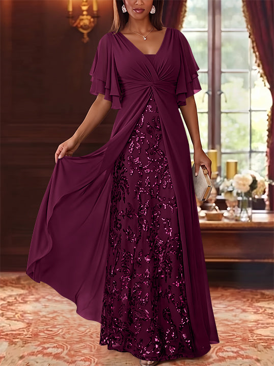 A-Line/Princess V-Neck Chiffon Mother of the Bride Dresses Sequins Floral Floor-Length Short Sleeves
