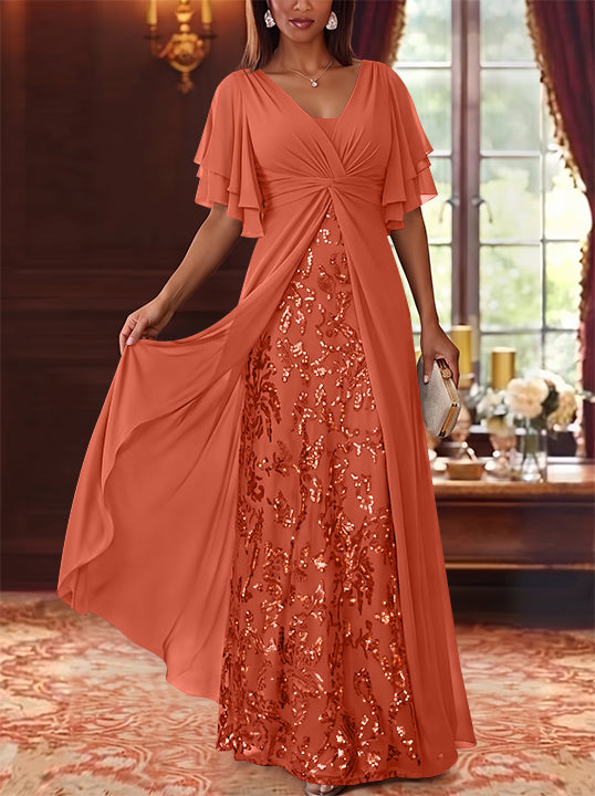 A-Line/Princess V-Neck Chiffon Mother of the Bride Dresses Sequins Floral Floor-Length Short Sleeves