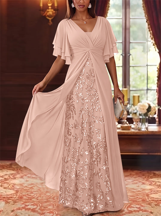 A-Line/Princess V-Neck Chiffon Mother of the Bride Dresses Sequins Floral Floor-Length Short Sleeves