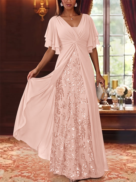 A-Line/Princess V-Neck Chiffon Mother of the Bride Dresses Sequins Floral Floor-Length Short Sleeves