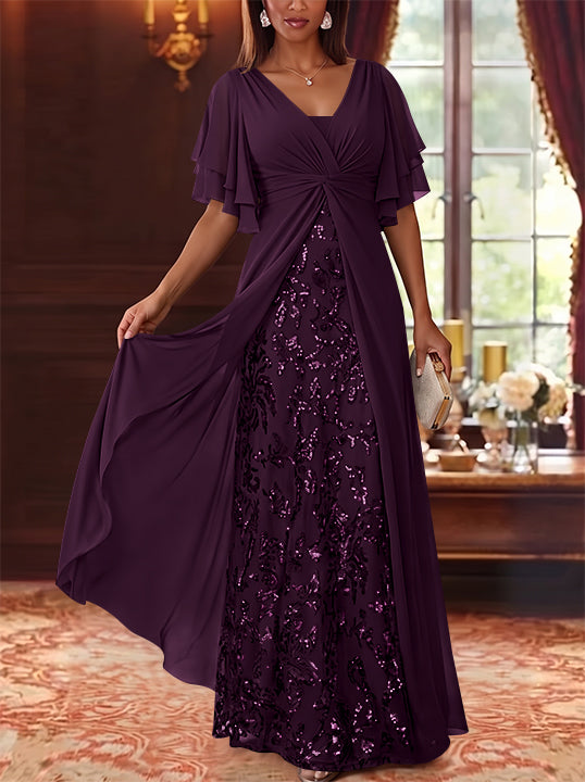 A-Line/Princess V-Neck Chiffon Mother of the Bride Dresses Sequins Floral Floor-Length Short Sleeves