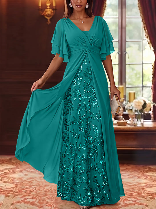 A-Line/Princess V-Neck Chiffon Mother of the Bride Dresses Sequins Floral Floor-Length Short Sleeves