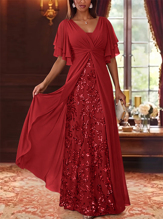 A-Line/Princess V-Neck Chiffon Mother of the Bride Dresses Sequins Floral Floor-Length Short Sleeves