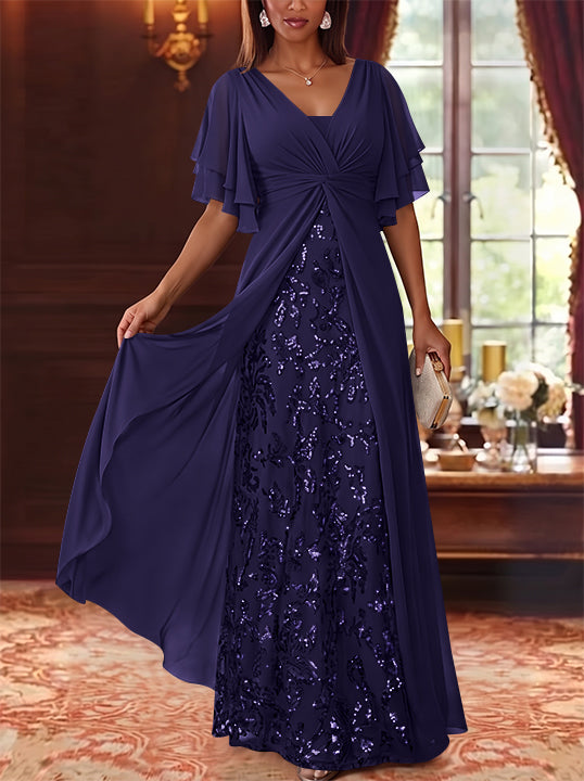 A-Line/Princess V-Neck Chiffon Mother of the Bride Dresses Sequins Floral Floor-Length Short Sleeves