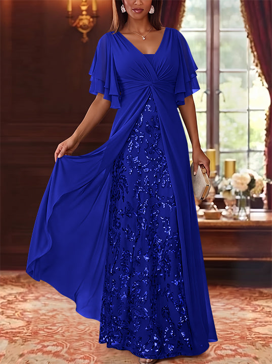 A-Line/Princess V-Neck Chiffon Mother of the Bride Dresses Sequins Floral Floor-Length Short Sleeves