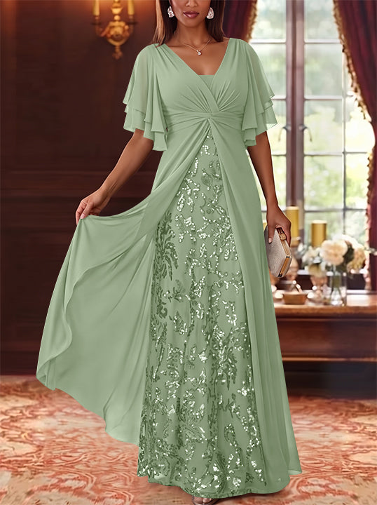 A-Line/Princess V-Neck Chiffon Mother of the Bride Dresses Sequins Floral Floor-Length Short Sleeves